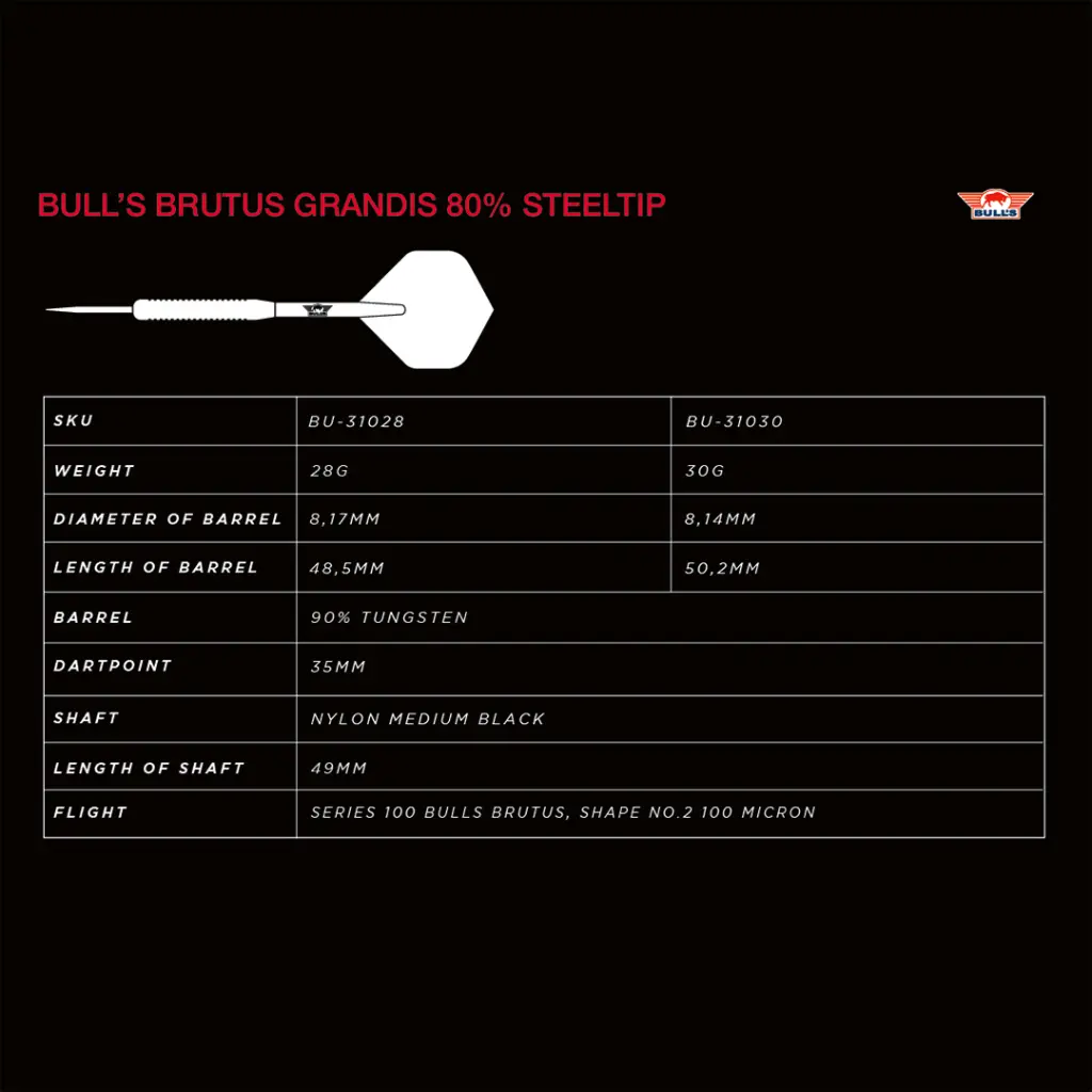 Bulls Brutus Grandis 80 Information Tabel_DartShopZuerich_Dart4You.webp